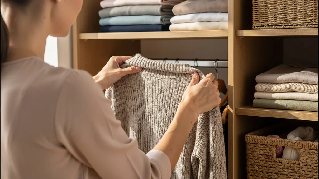 Femme rangeant soigneusement un pull en maille écoresponsable dans son dressing