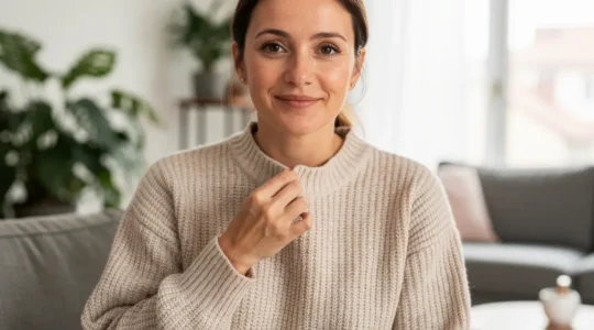 Femme portant un pull en maille écoresponsable, appréciant la texture douce du textile