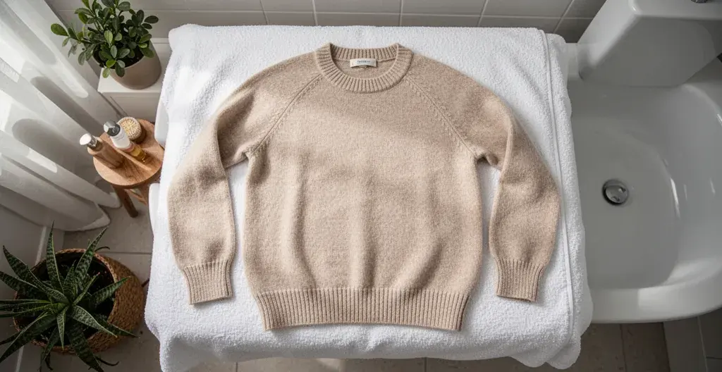 Pull en cachemire étalé à plat sur serviette pour séchage