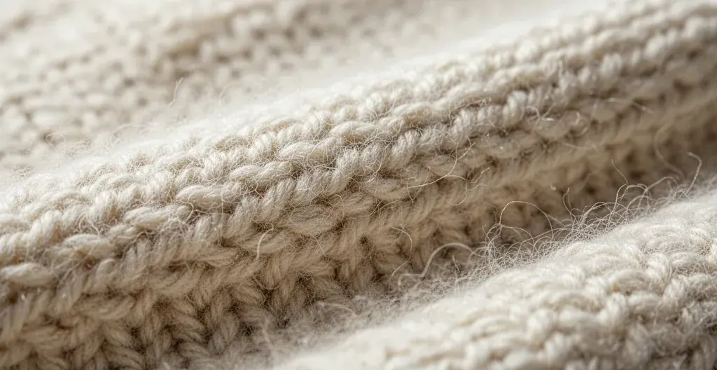 Texture de maille mérinos avec fibres fines visibles en gros plan